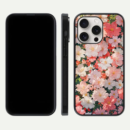 Blush Bloom Field Glass Case for iPhone 15 Pro Max dual-view layout showing bloom arrangement and protective frame