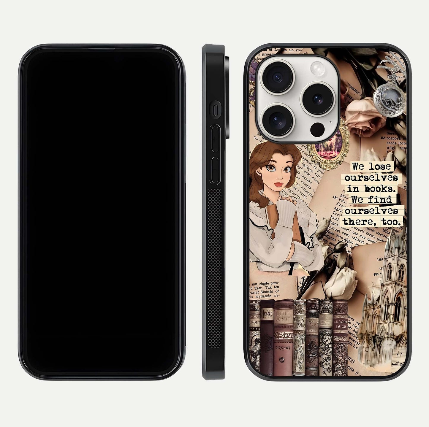 Bookish Dream World Glass Case for iPhone 15 Pro Max dual-view layout displaying colorful fantasy print and edge finish