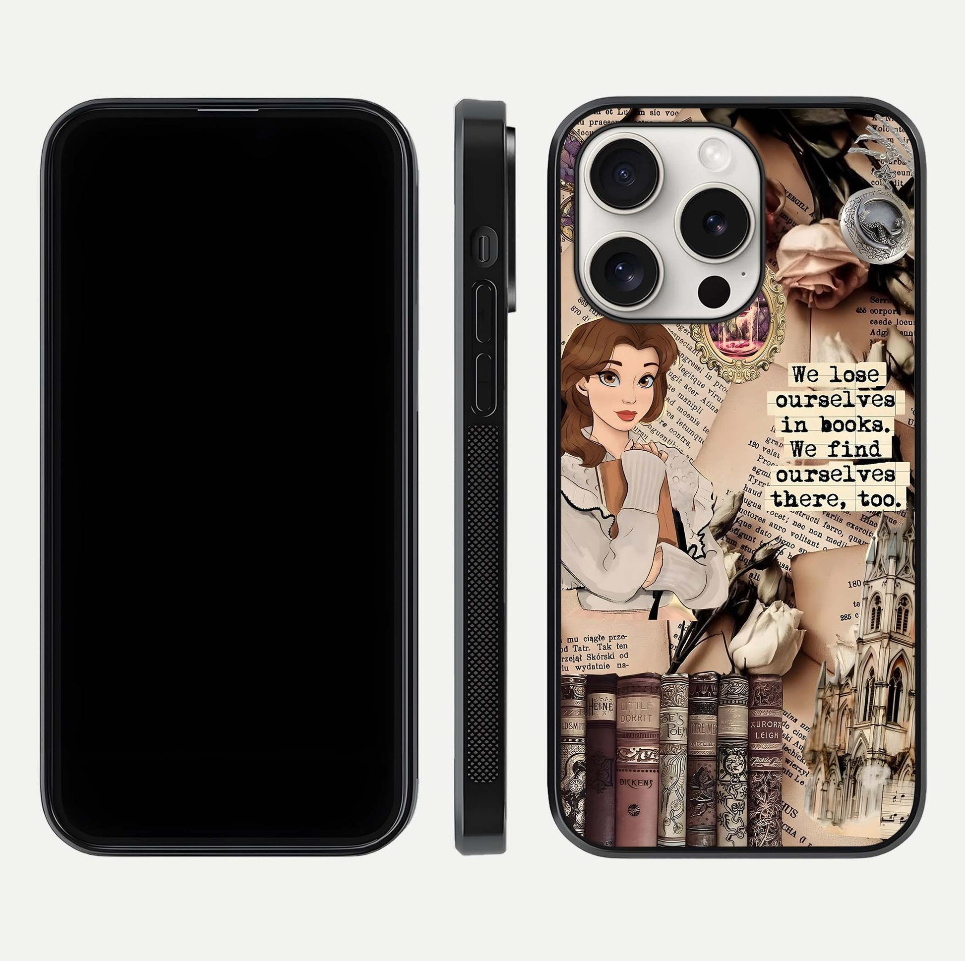 Bookish Dream World Glass Case for iPhone 15 Pro Max dual-view layout displaying colorful fantasy print and edge finish