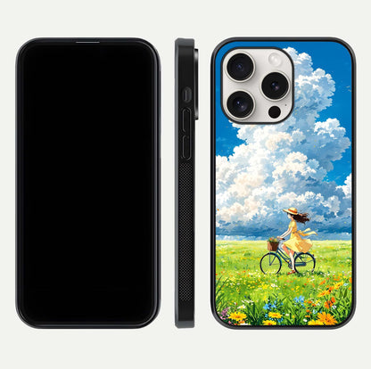 Breezy Meadow Ride Glass Case for iPhone 15 Pro Max dual-view layout showing soft landscape design and reflection gloss
