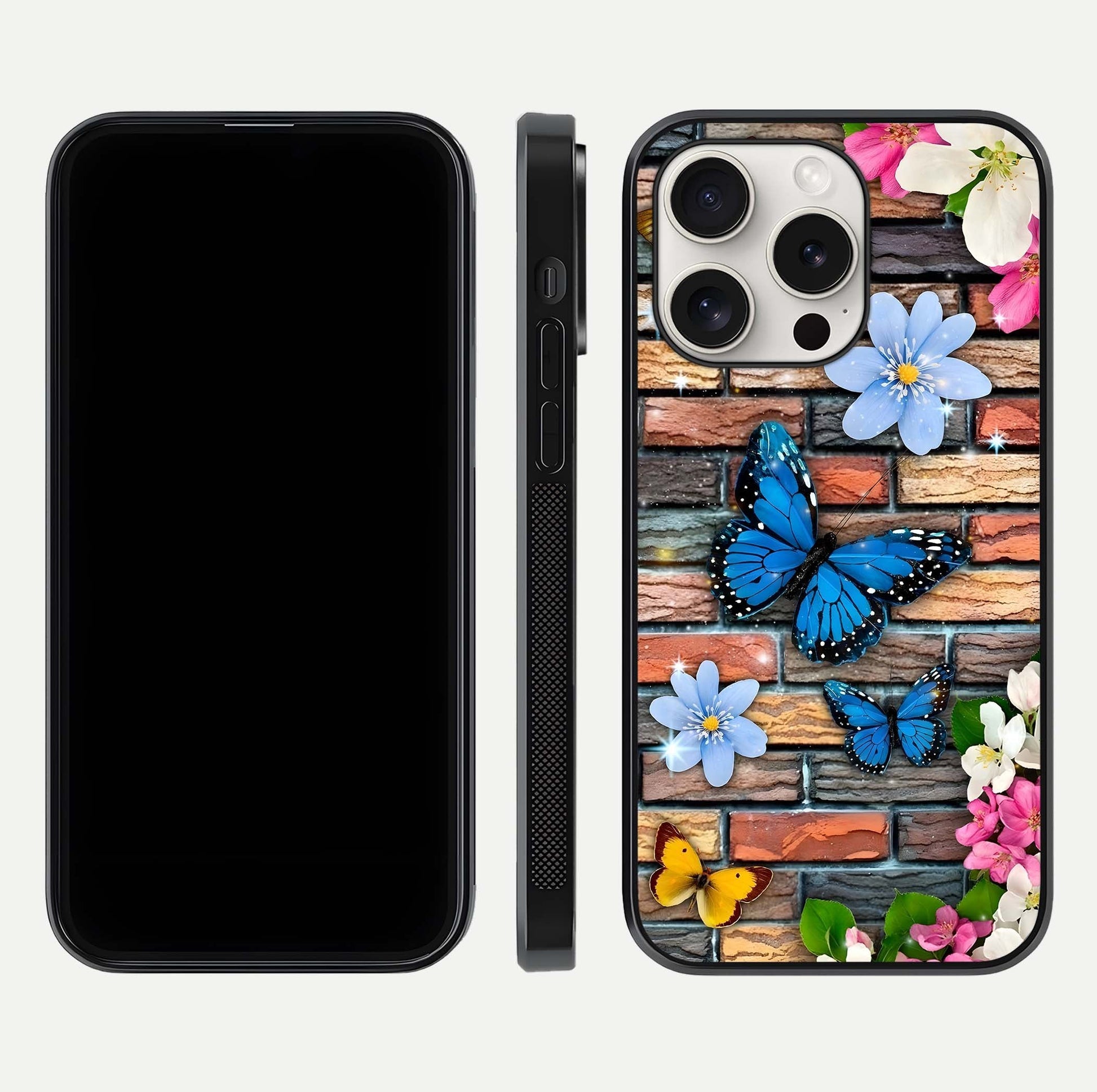 Brick Bloom Flight Glass Case for iPhone 15 Pro Max dual-view layout showing bloom placement and protective edge design