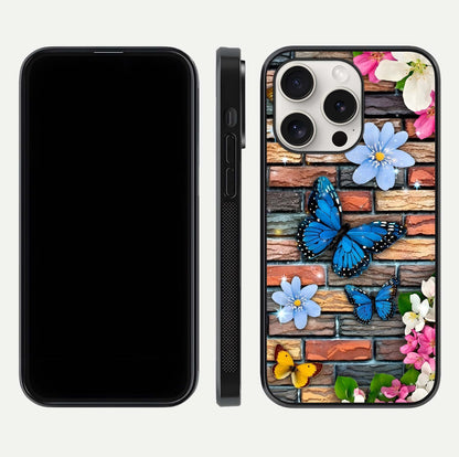 Brick Bloom Flight Glass Case for iPhone 15 Pro Max dual-view layout showing bloom placement and protective edge design
