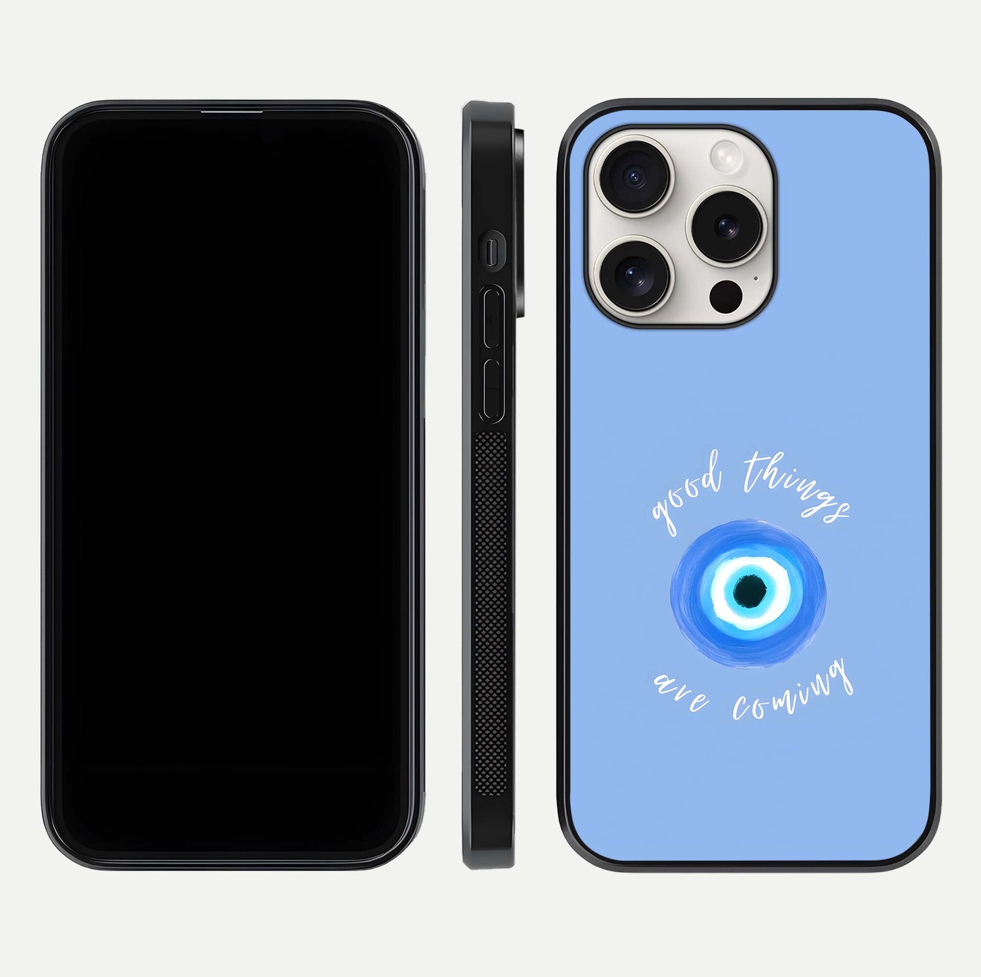Bright Future Ahead Glass Case for iPhone 15 Pro Max front-and-back layout showing clean font style and gloss shine