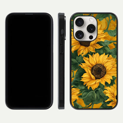 Bright Sunflower Bloom Glass Case for iPhone 15 Pro Max dual-view layout displaying floral glow and curved glass edge