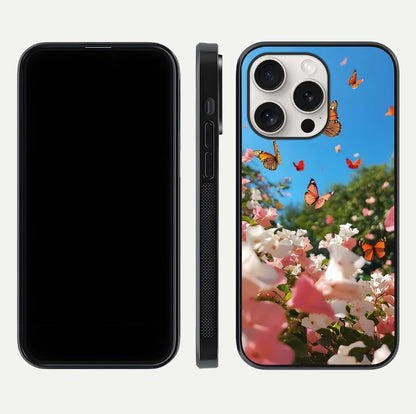 Butterflies in Bloom Sky Glass Case for iPhone 15 Pro Max dual-view layout displaying elegant composition and glass gloss