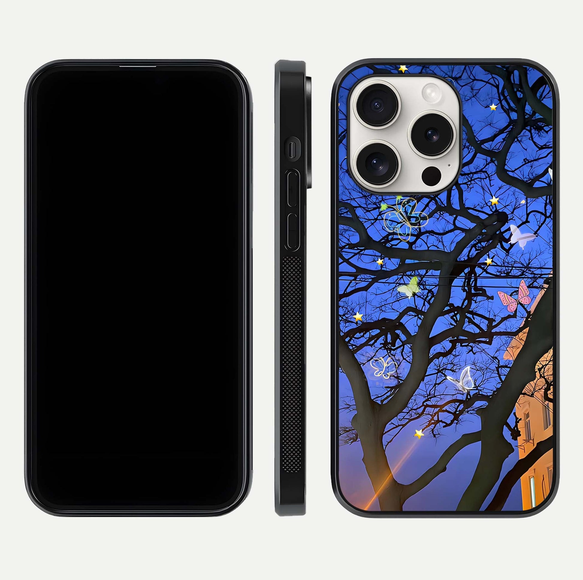 Butterfly Night Magic Glass Case for iPhone 15 Pro Max dual-view layout displaying balanced art and edge clarity