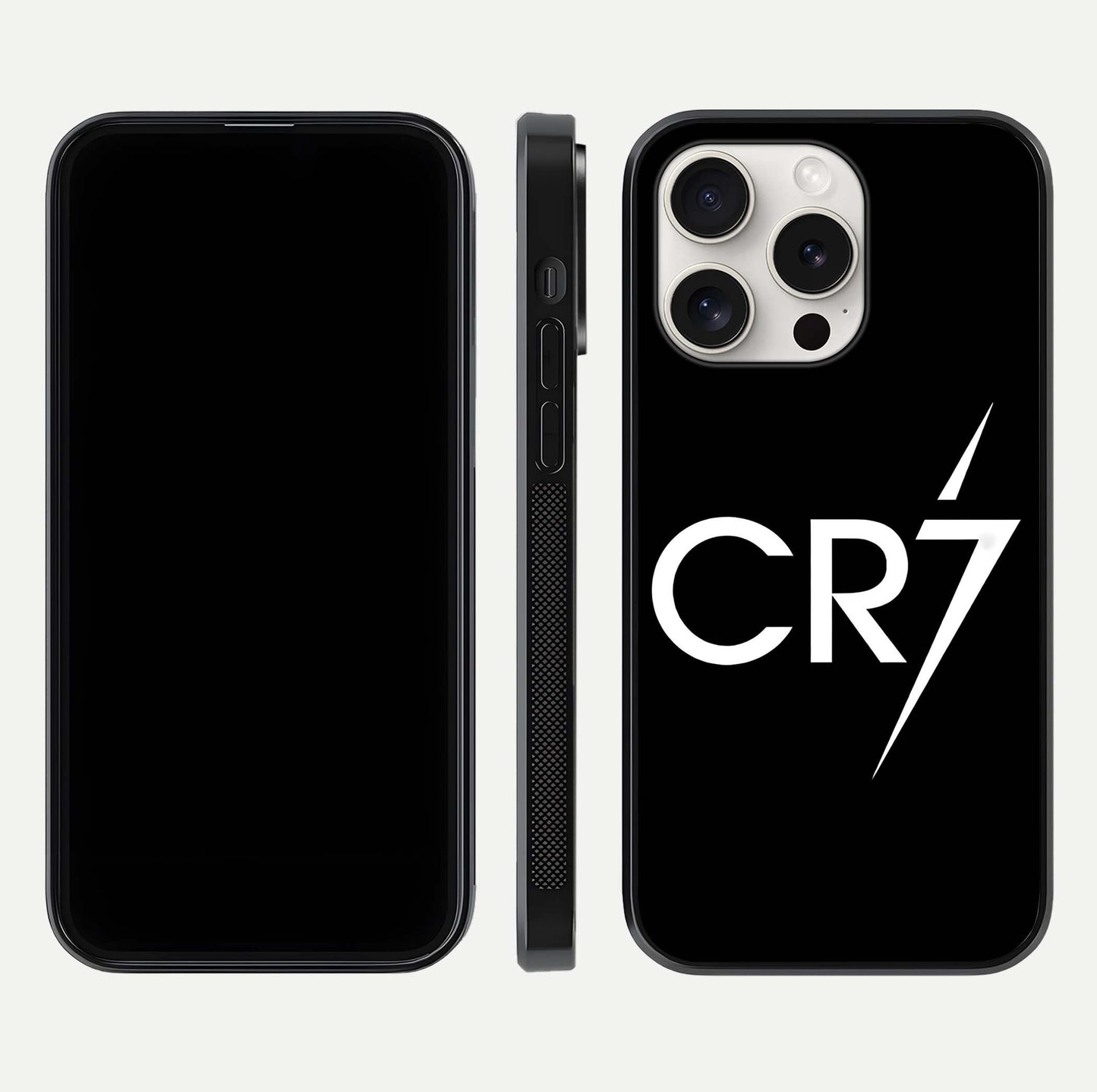 CR7 Elite Strike Glass Case for iPhone 15 Pro Max dual-view layout showing sport tones and edge clarity