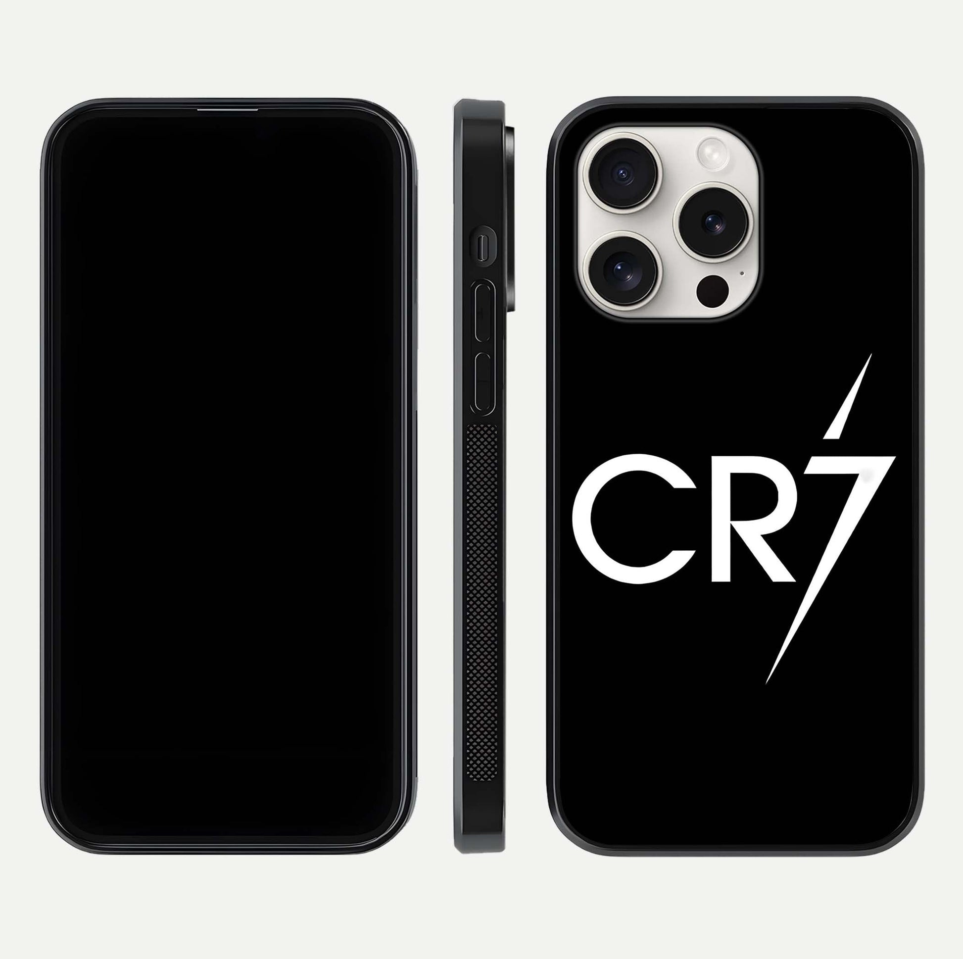 CR7 Elite Strike Glass Case for iPhone 15 Pro Max dual-view layout showing sport tones and edge clarity