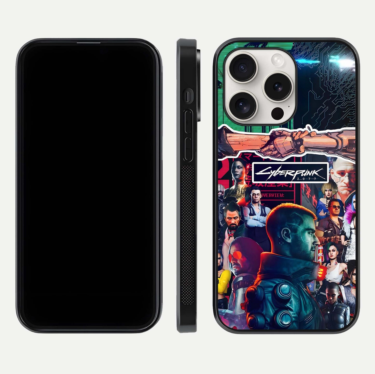 CYBERPUNK Legacy Glass Case for iPhone 15 Pro Max dual-view layout showing cyberpunk hues and glass precision