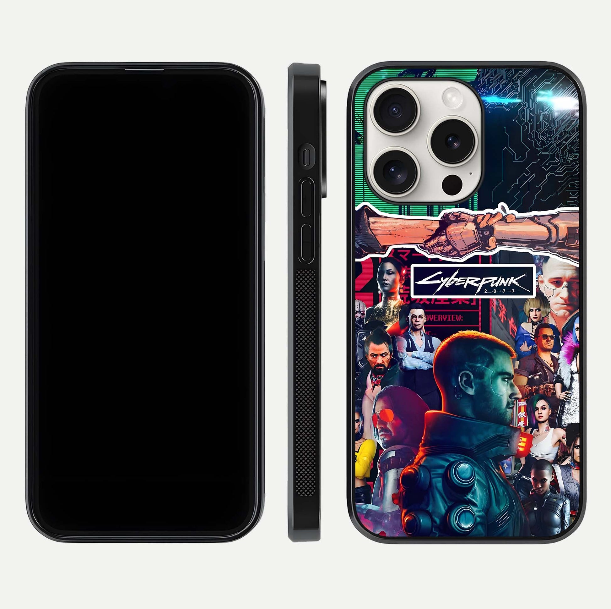 CYBERPUNK Legacy Glass Case for iPhone 15 Pro Max dual-view layout showing cyberpunk hues and glass precision