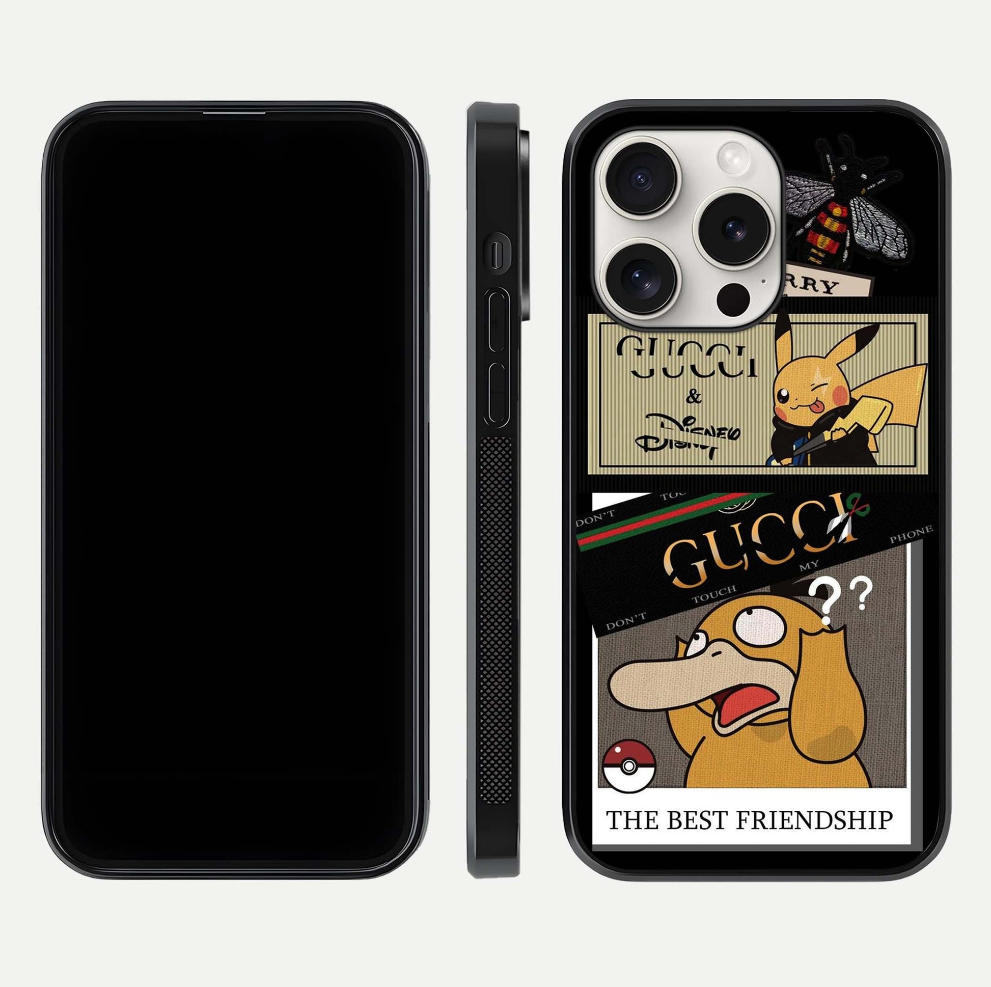 Cartoon Brand Play Mashup Glass Case for iPhone 15 Pro Max front and back view layout highlighting multi-logo artwork and curved edges