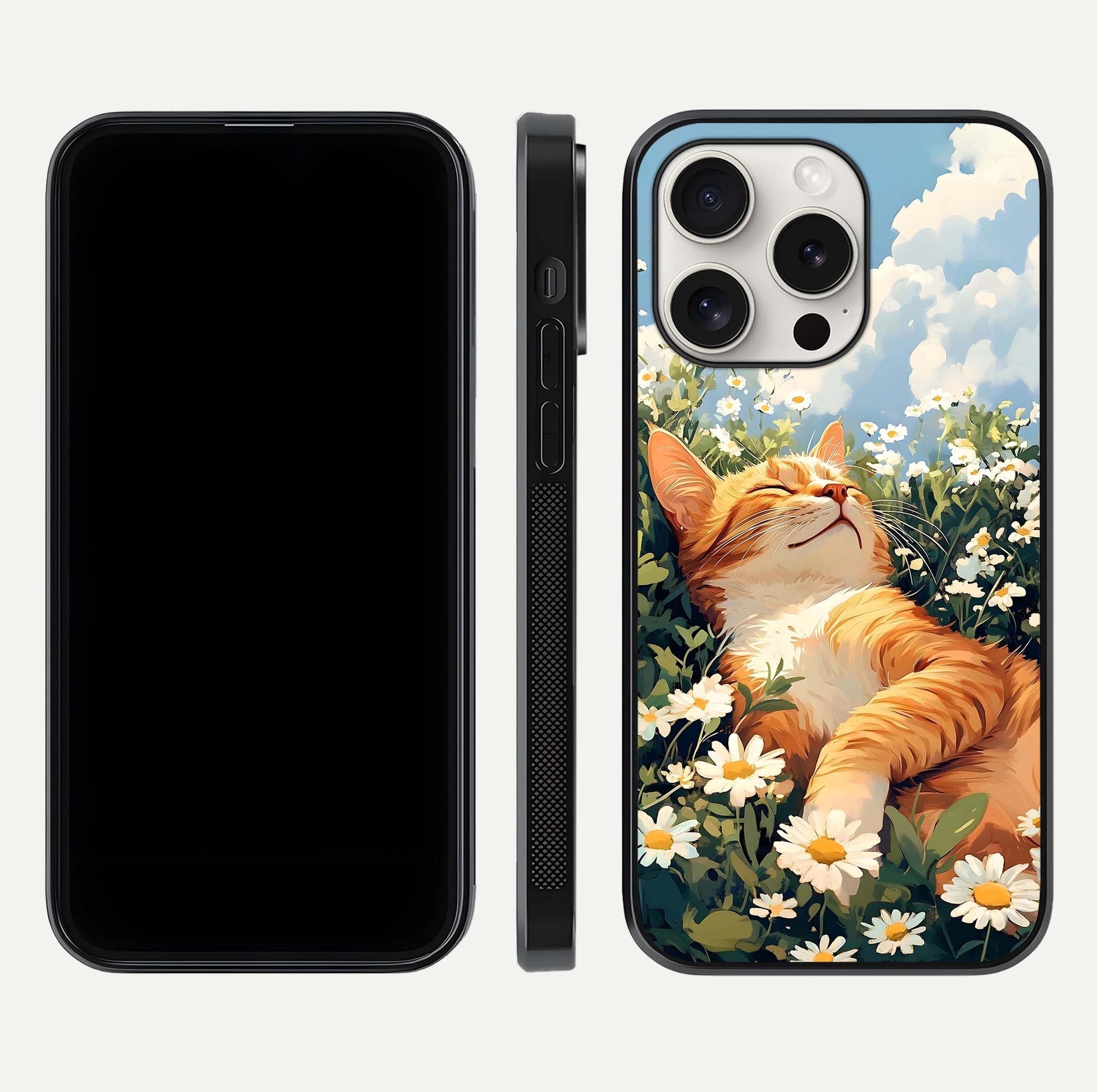 Cat & Flowers View Glass Case for iPhone 15 Pro Max front-and-back layout showing floral balance and gloss surface