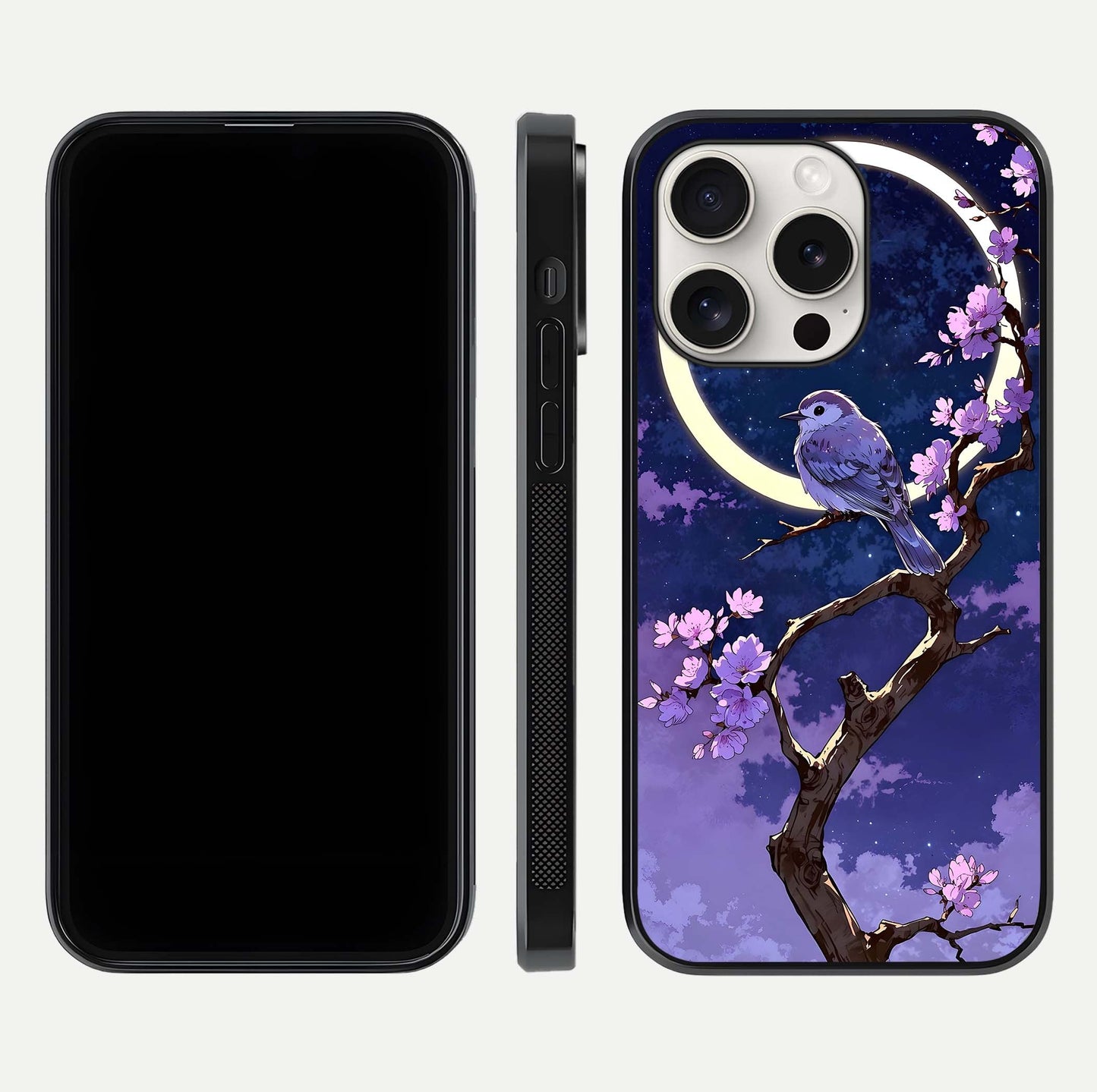 Celestial Bird Blossom Glass Case for iPhone 15 Pro Max dual-view layout showing art composition and edge clarity
