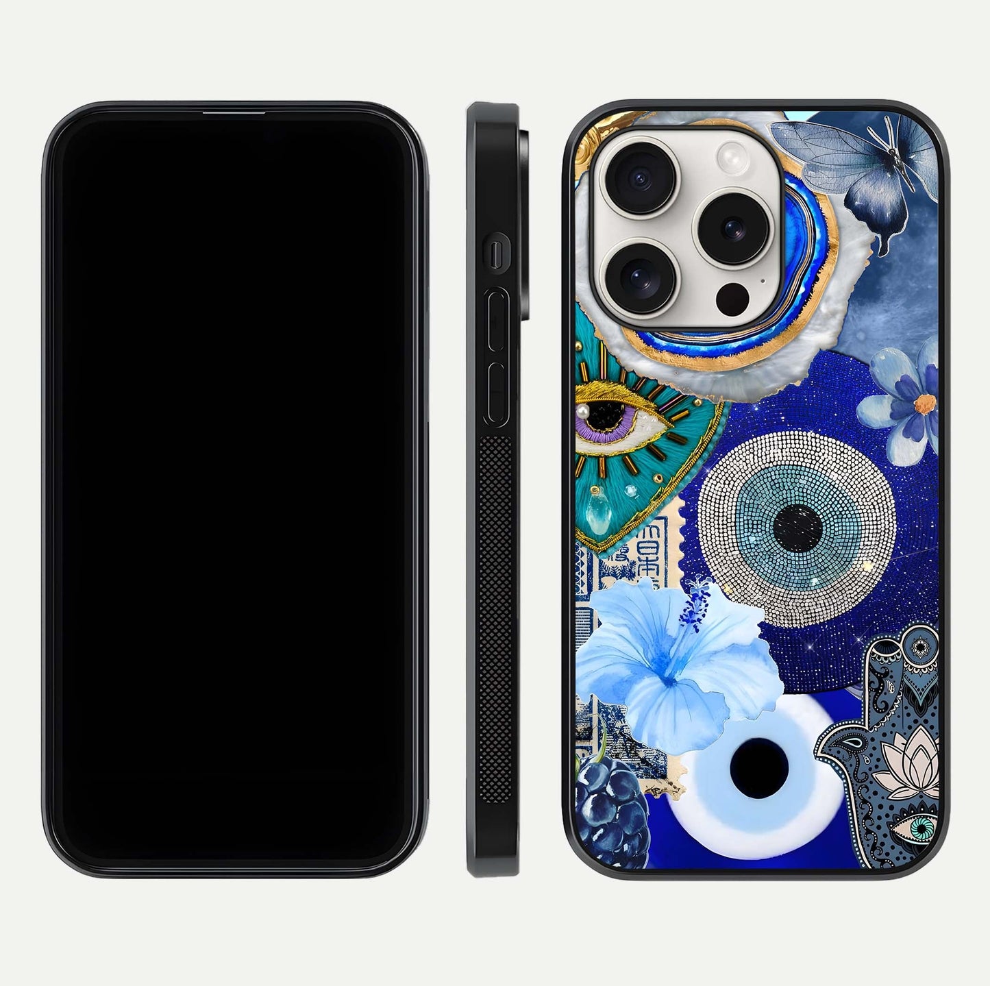 Celestial Blue Vision Glass Case for iPhone 15 Pro Max dual-view layout showing celestial gradient and curved edges