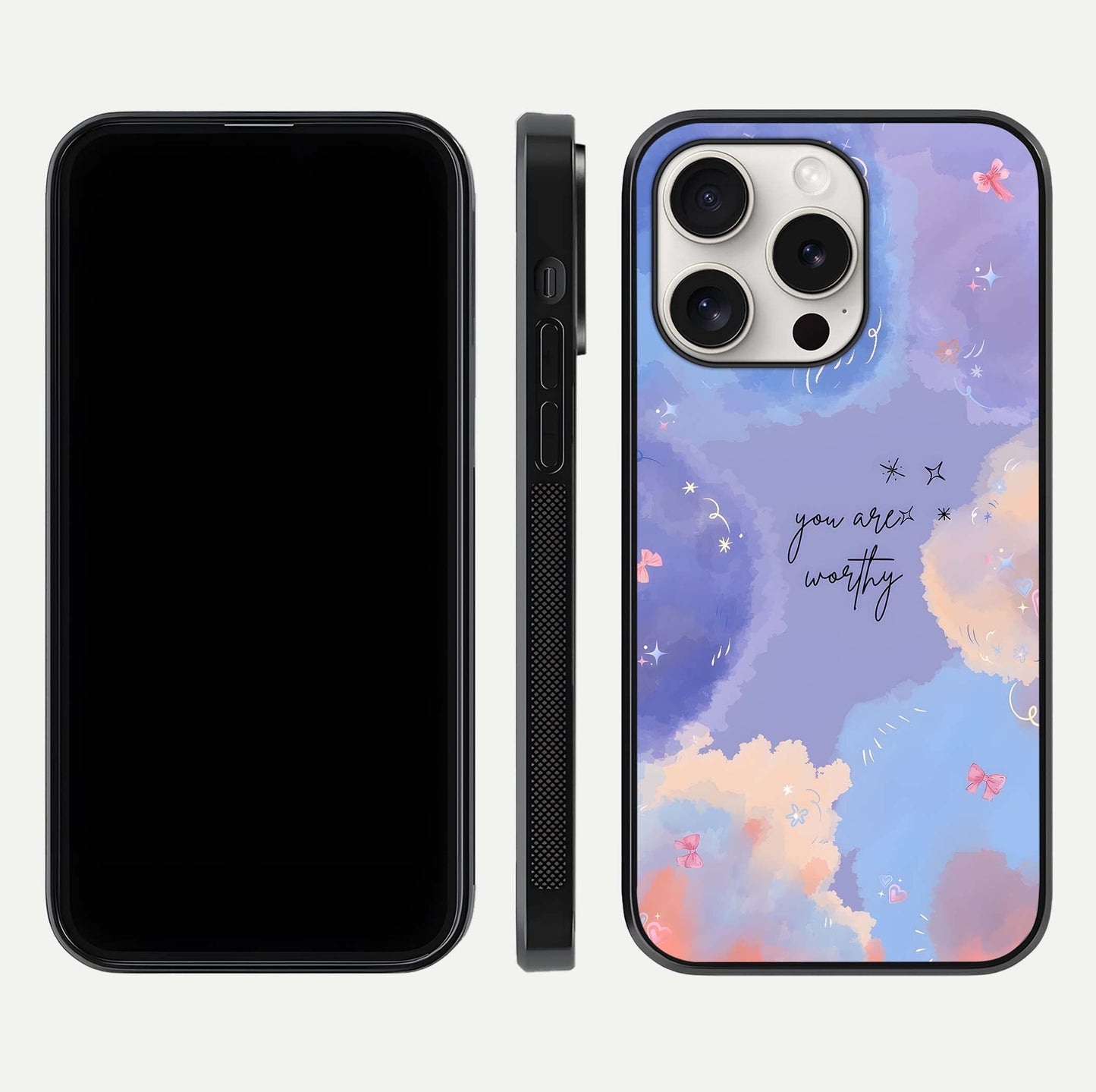 Celestial Cloud Magic Glass Case for iPhone 15 Pro Max dual-view layout showcasing soft color transition and gloss shine