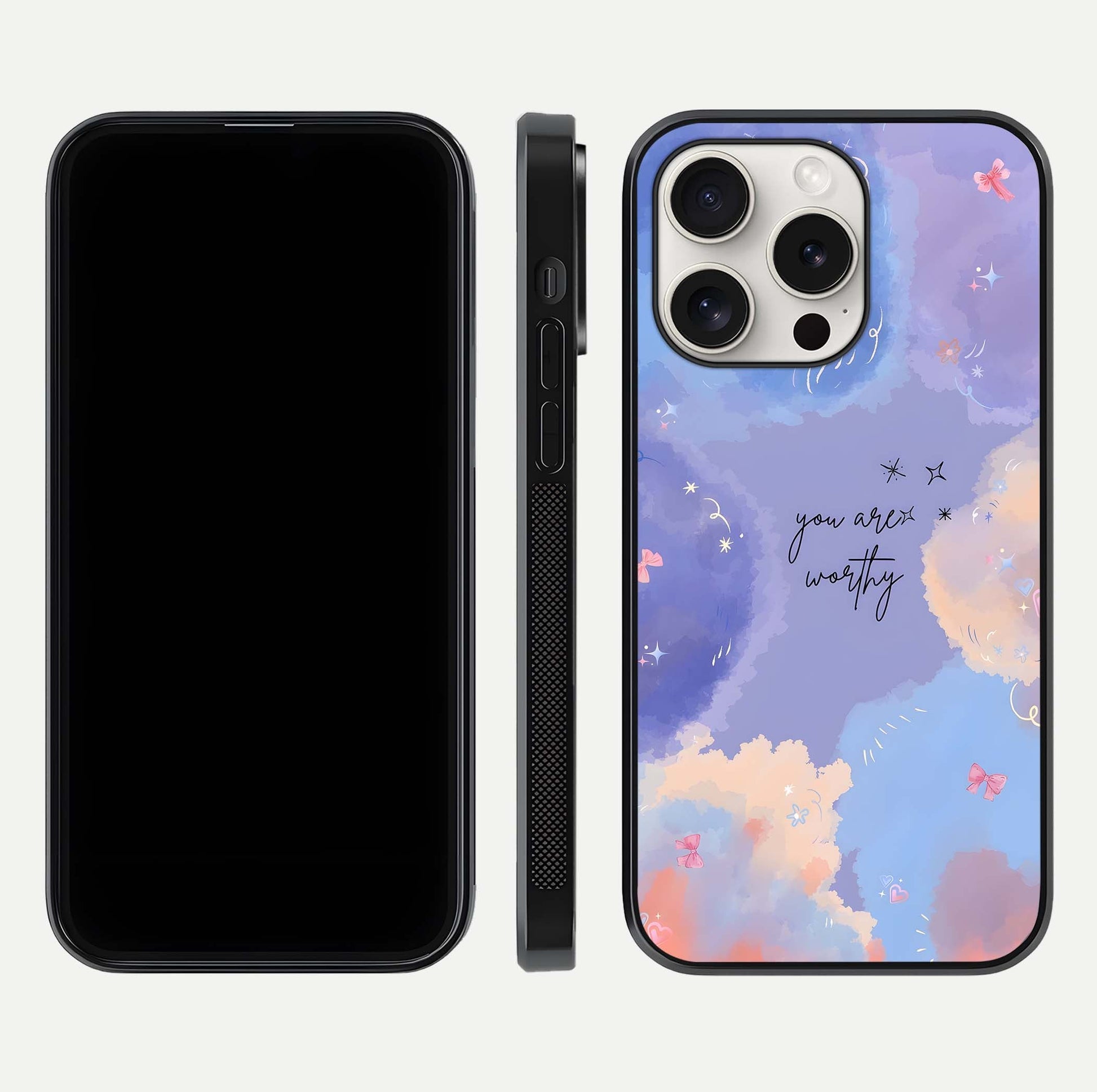 Celestial Cloud Magic Glass Case for iPhone 15 Pro Max dual-view layout showcasing soft color transition and gloss shine