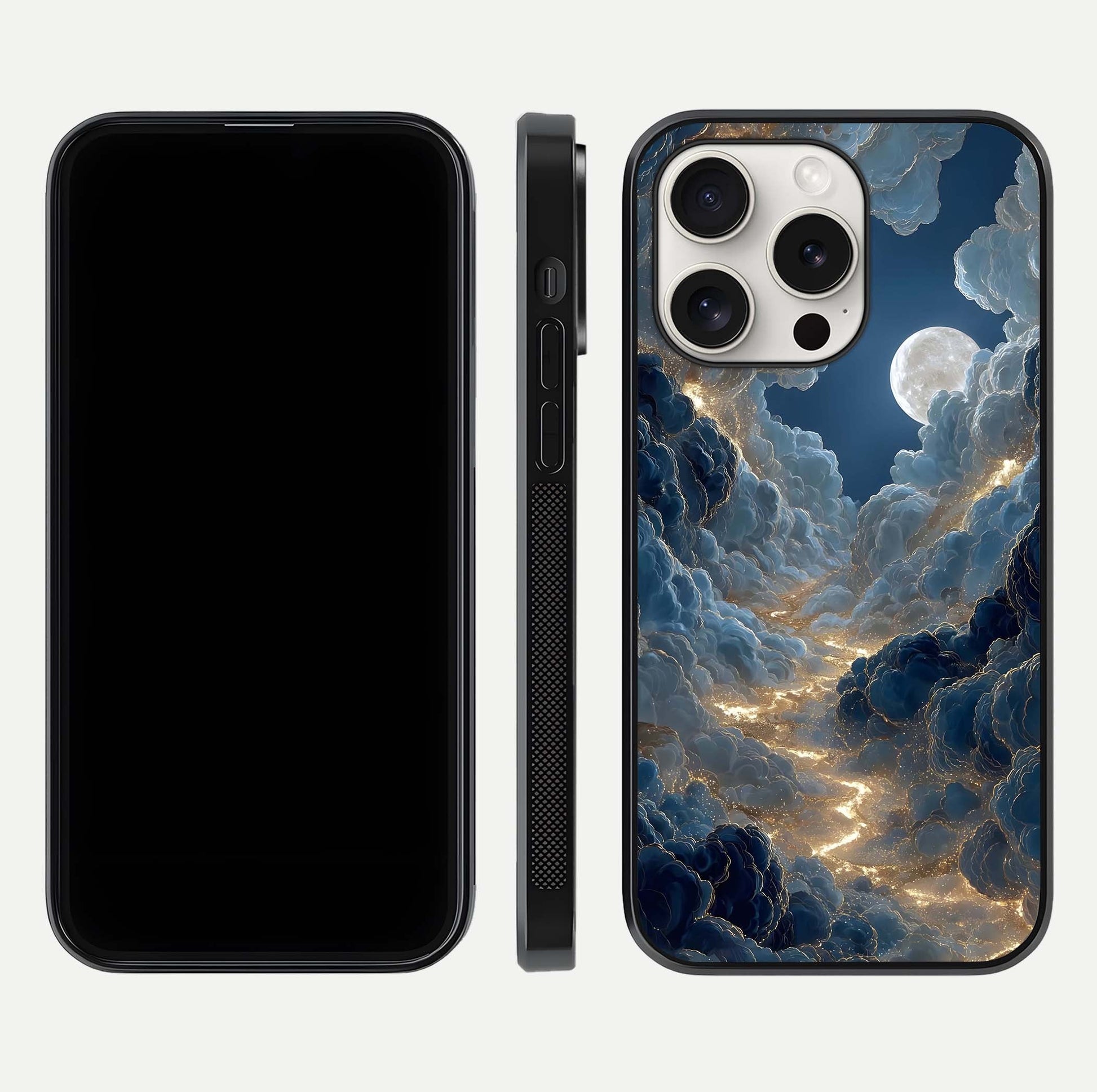 Celestial Cloud Road Glass Case for iPhone 15 Pro Max front-and-back layout displaying balance between light and depth