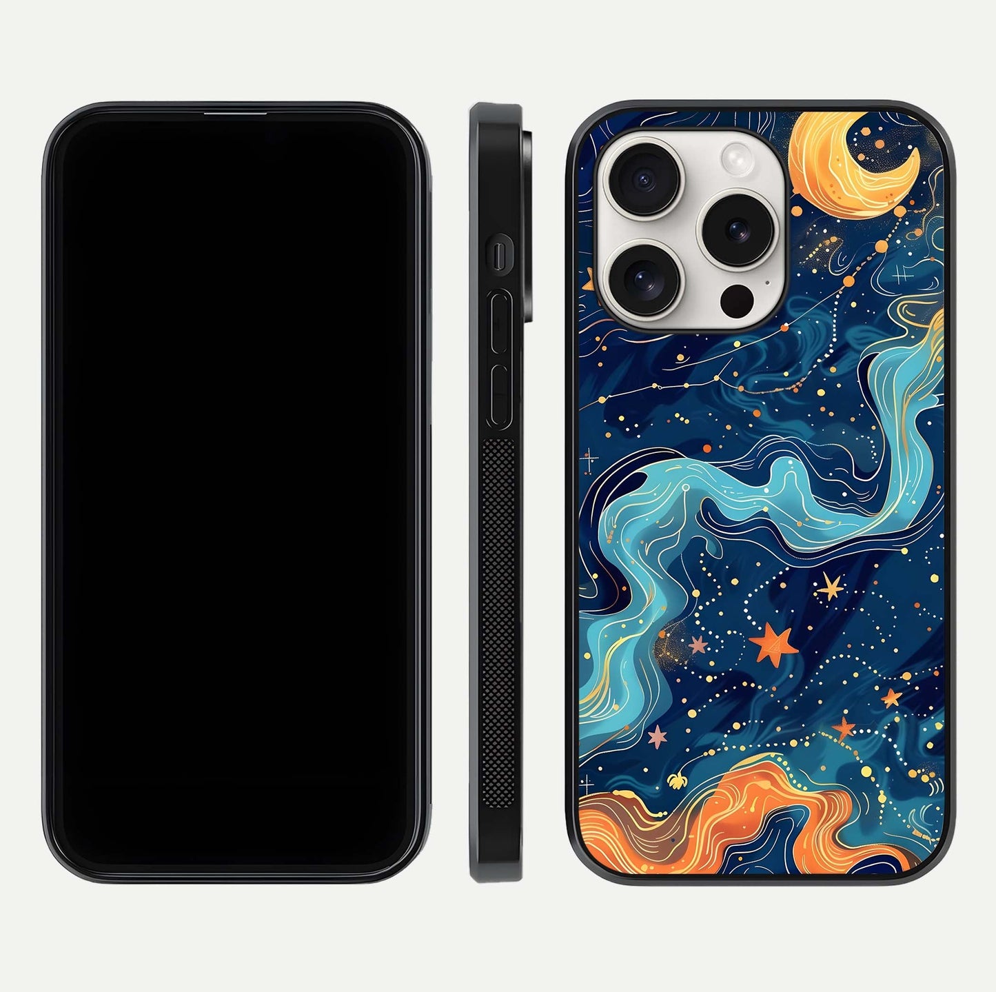 Celestial Dream Flow Glass Case for iPhone 15 Pro Max dual-view layout showing abstract flow and curved glass