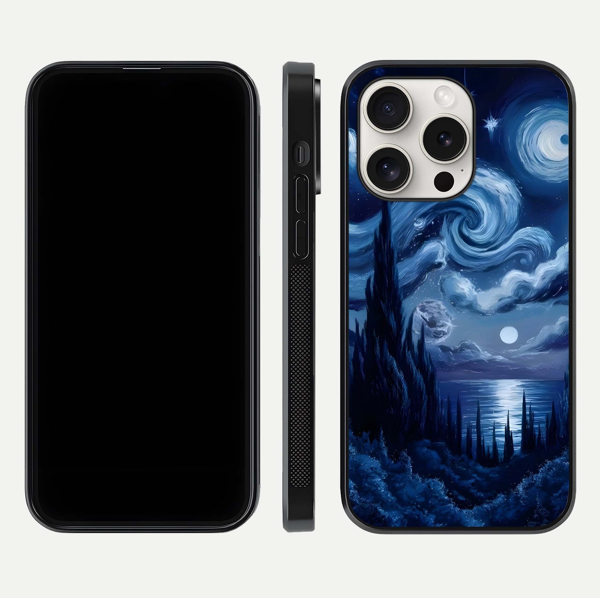 Celestial Dream Van Gogh Glass Case for iPhone 15 Pro Max dual-view layout displaying art texture and glass polish