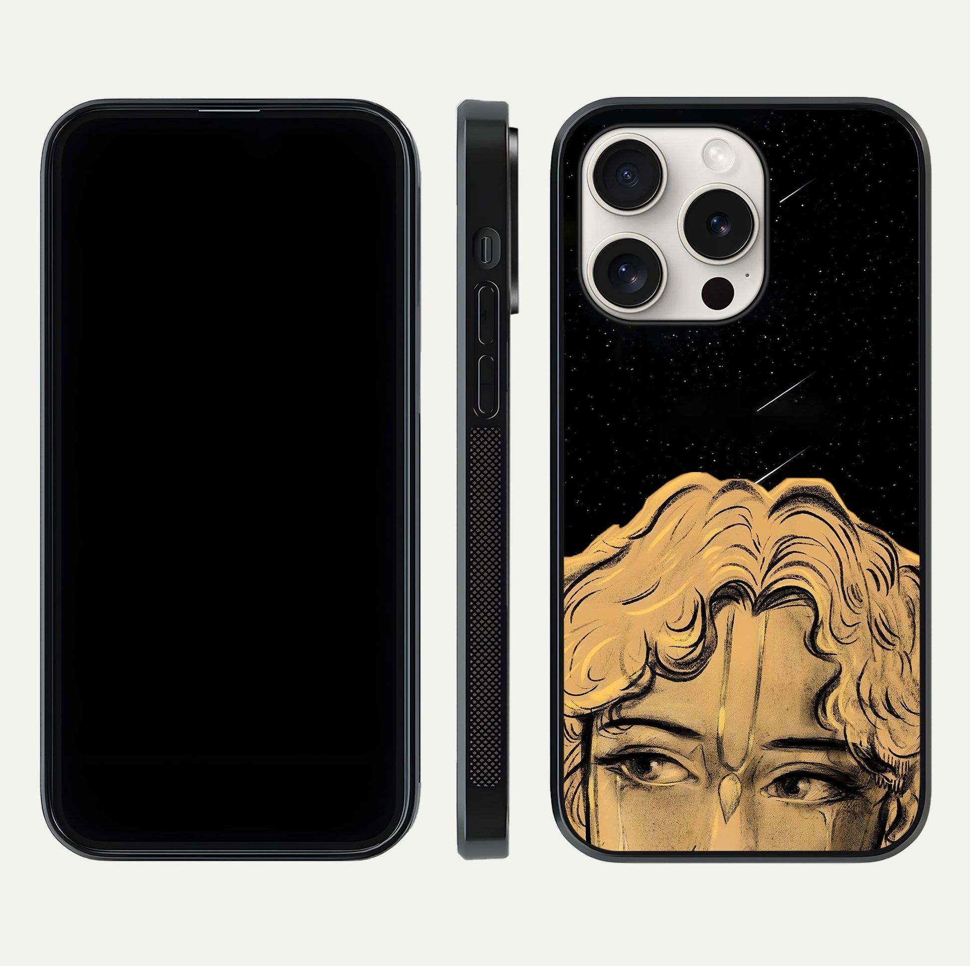 Celestial God’s Plan Glass Case for iPhone 15 Pro Max front & back layout showing smooth finish and spiritual art