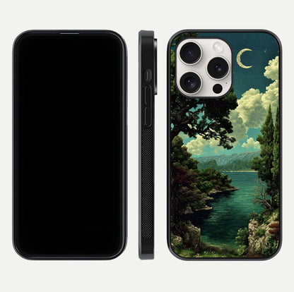Celestial Lake Peace Glass Case for iPhone 15 Pro Max dual-view layout showing soft hues and HD shine