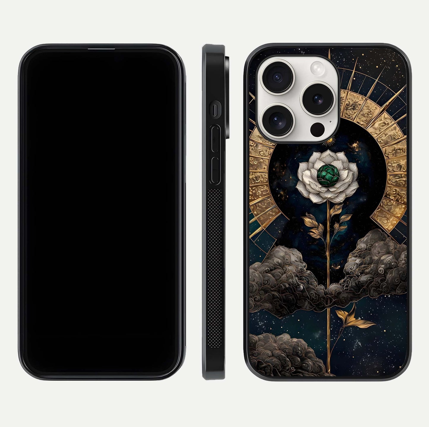 Celestial Lotus Morang Glass Case for iPhone 15 Pro Max dual-view layout displaying floral symmetry and polished edges
