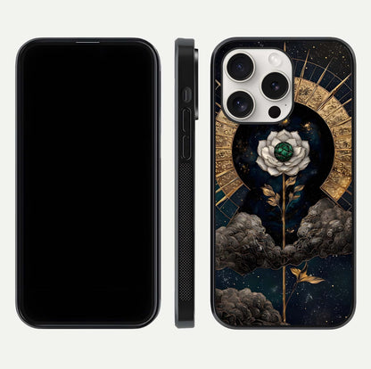 Celestial Lotus Morang Glass Case for iPhone 15 Pro Max dual-view layout displaying floral symmetry and polished edges