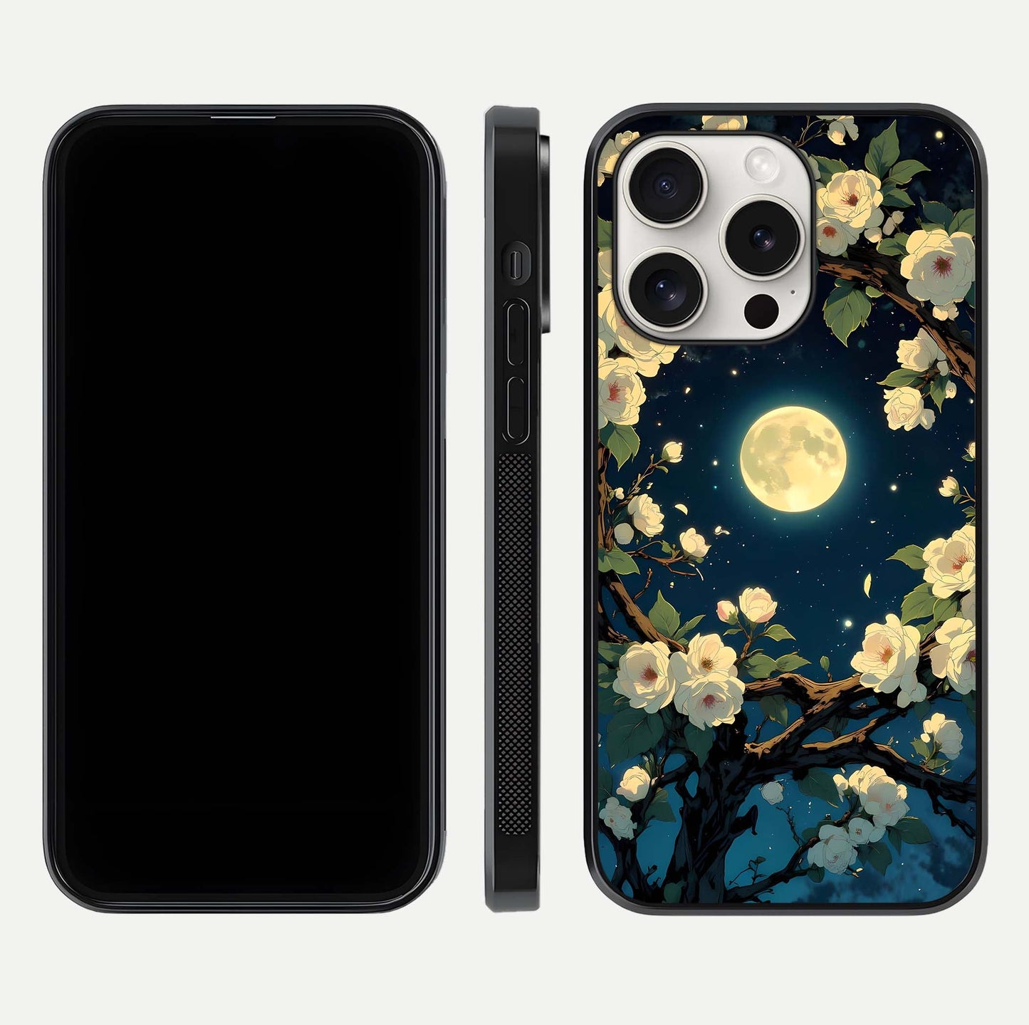 Celestial Moon & Flower Glass Case for iPhone 15 Pro Max dual-view layout showing balanced lunar art and gloss tone