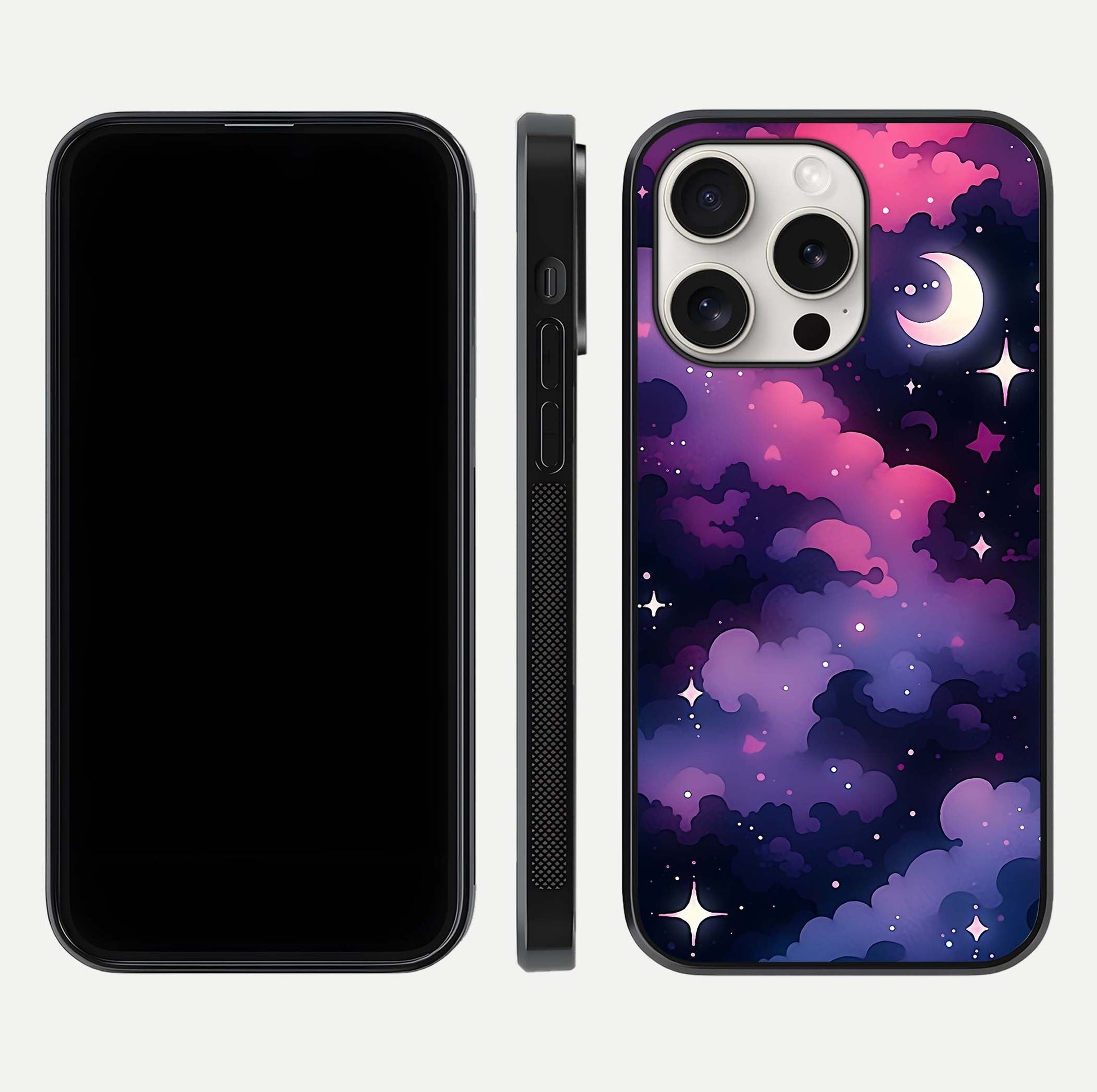 Celestial Moon Magic Glass Case for iPhone 15 Pro Max dual-view layout displaying lunar design and sleek edges