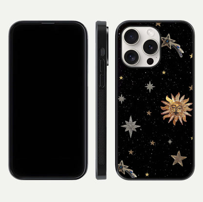 Celestial Moon With Stars Glass Case for iPhone 15 Pro Max front-and-back layout displaying lunar art and premium finish