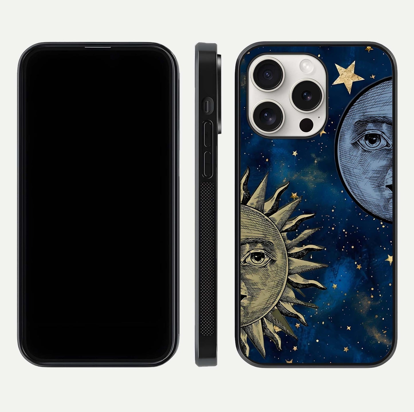 Celestial Moon With Sun Glass Case for iPhone 15 Pro Max dual-view layout showing luminous pattern and curved edges