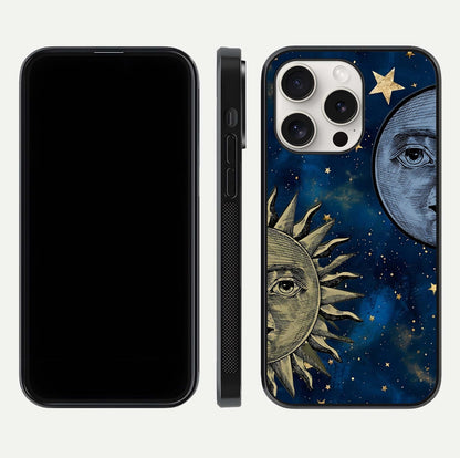 Celestial Moon With Sun Glass Case for iPhone 15 Pro Max dual-view layout showing luminous pattern and curved edges