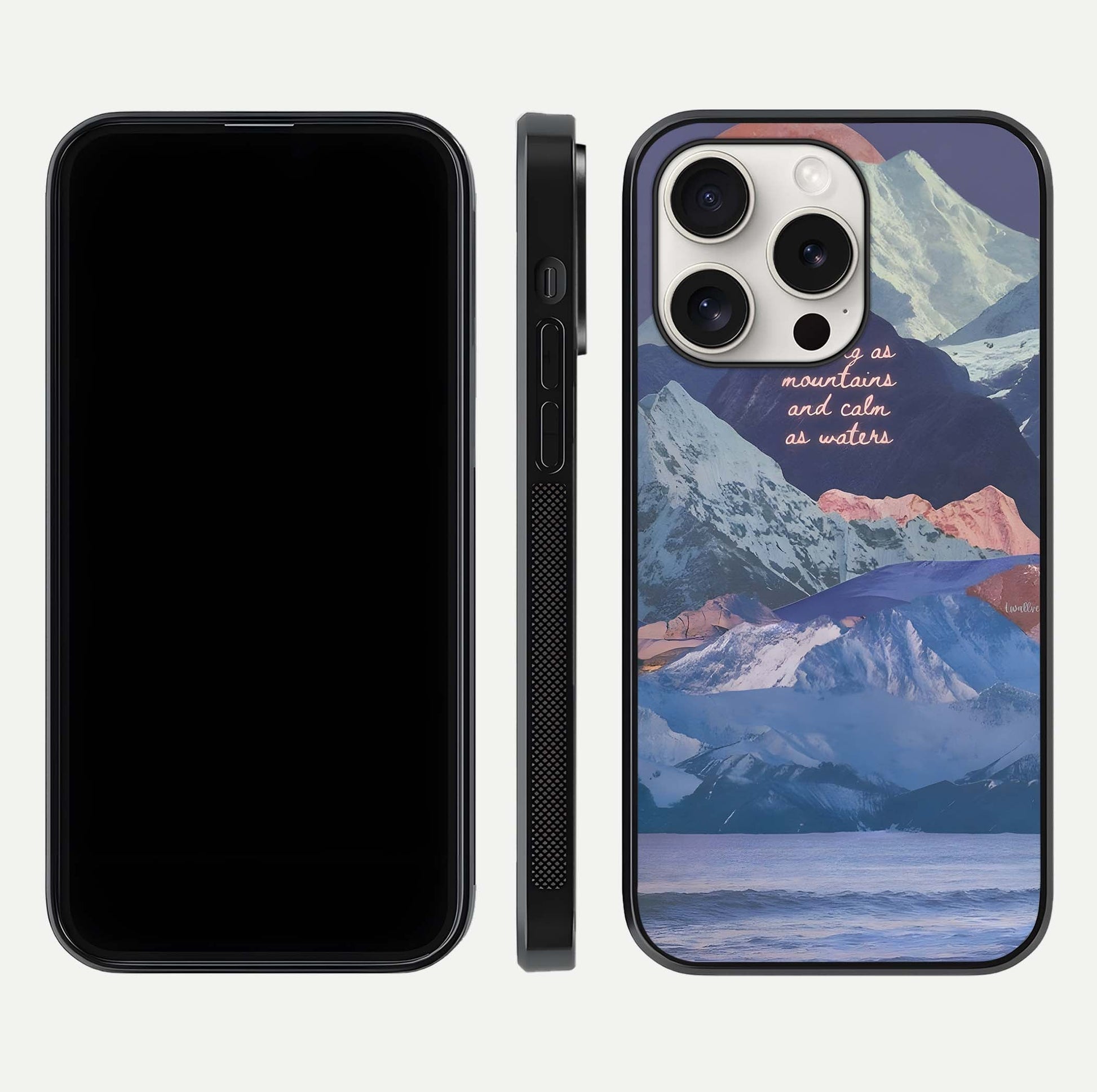 Celestial Mountain Calm Glass Case for iPhone 15 Pro Max dual-view layout displaying scenic tones and curved finish
