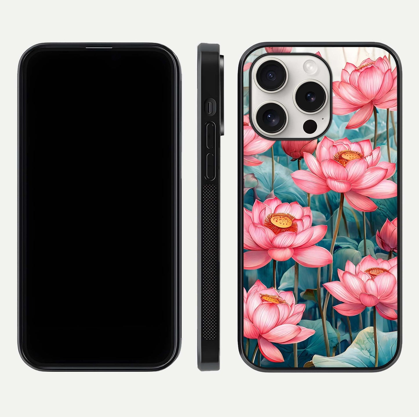Celestial Pink Lotus Glass Case for iPhone 15 Pro Max dual-view layout showing floral center and smooth edges