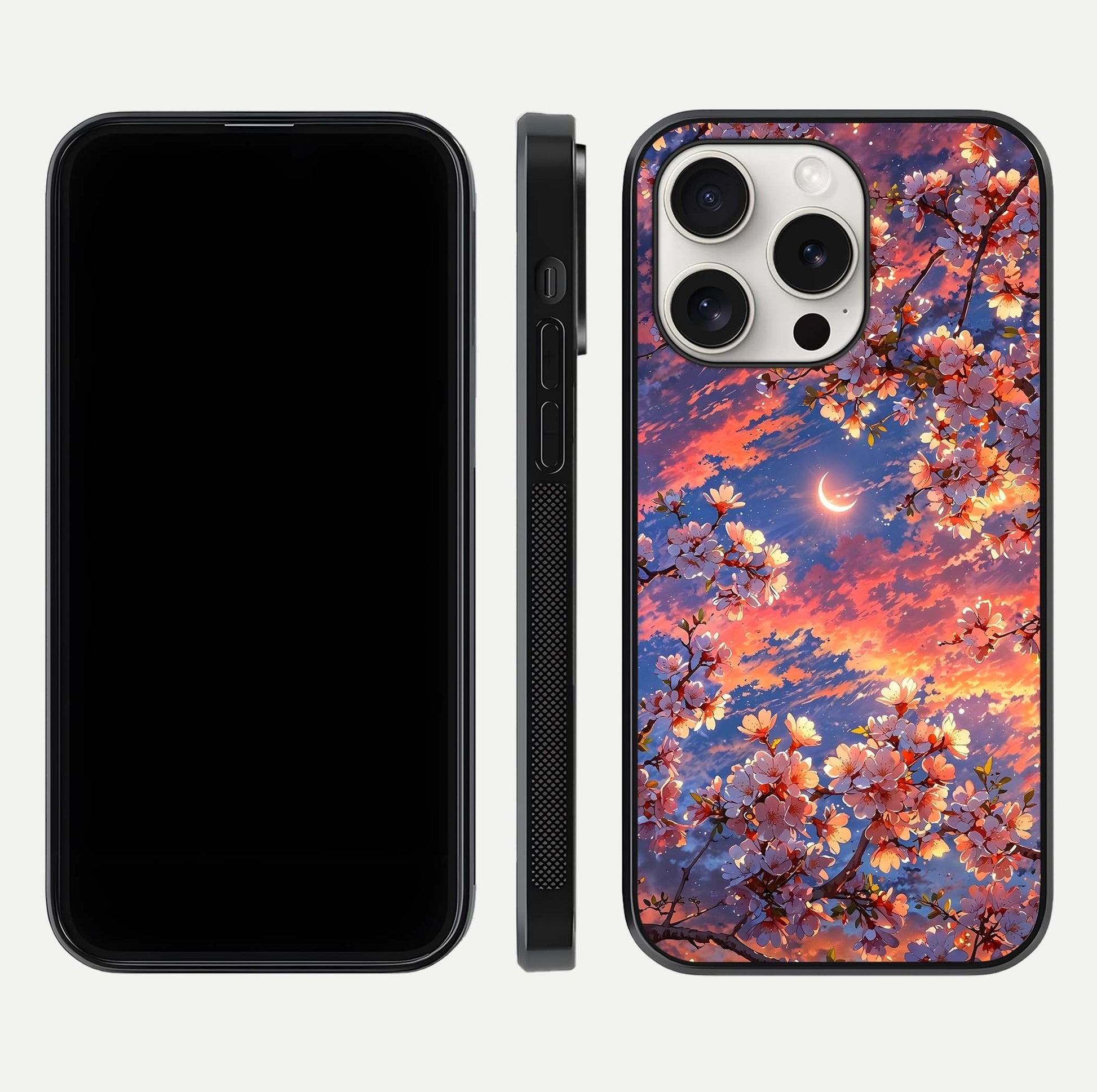 Celestial Sakura Sunset Glass Case for iPhone 15 Pro Max dual-view layout showing floral gradient and reflection polish
