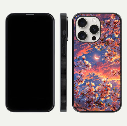 Celestial Sakura Sunset Glass Case for iPhone 15 Pro Max dual-view layout showing floral gradient and reflection polish