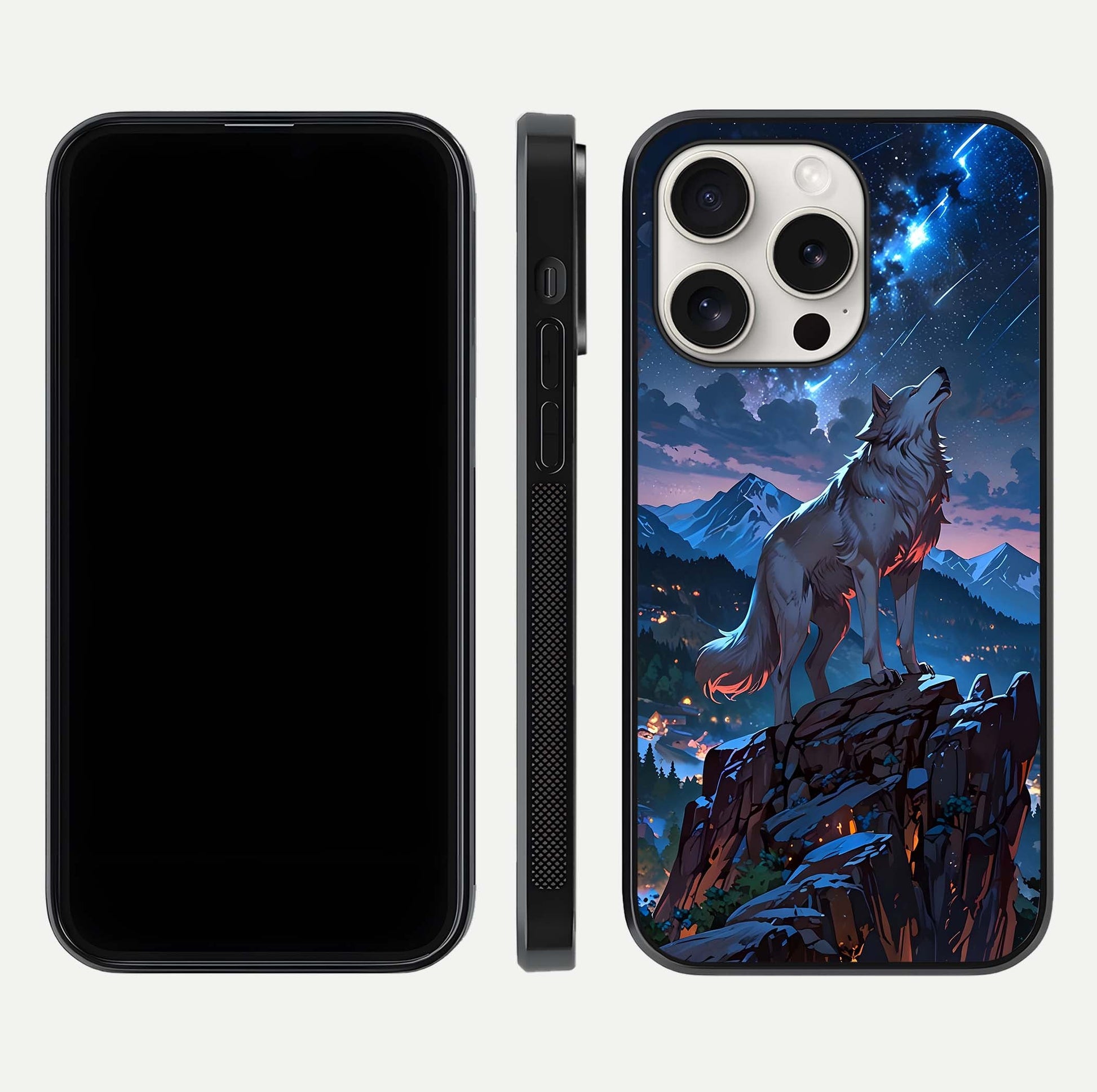 Celestial Wolf Howl Glass Case for iPhone 15 Pro Max dual-view layout displaying night tones and protective glass edges