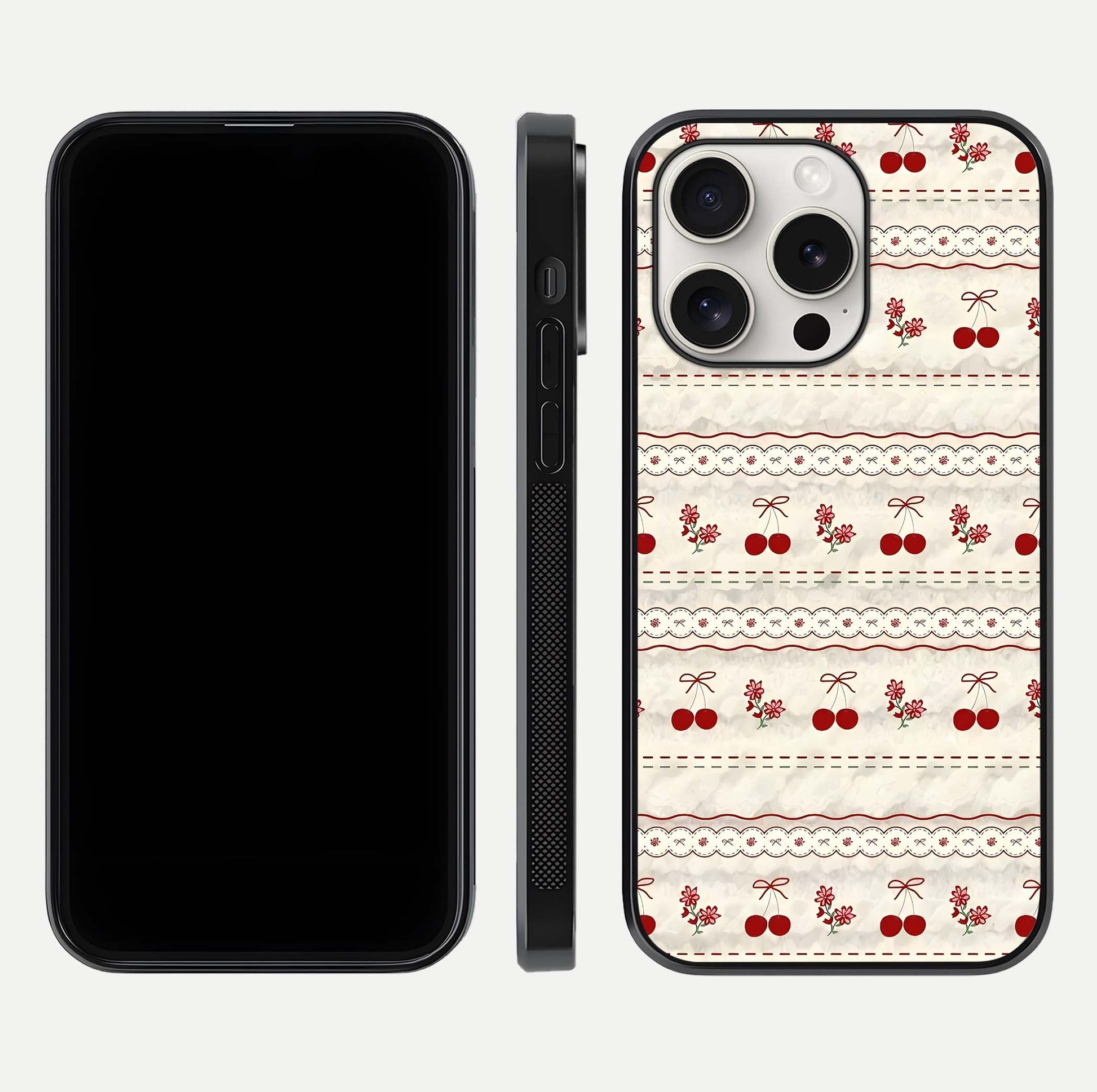 Cherry Bloom Charm Glass Case for iPhone 15 Pro Max front-and-back layout displaying floral art and smooth finish