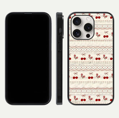Cherry Bloom Charm Glass Case for iPhone 15 Pro Max front-and-back layout displaying floral art and smooth finish