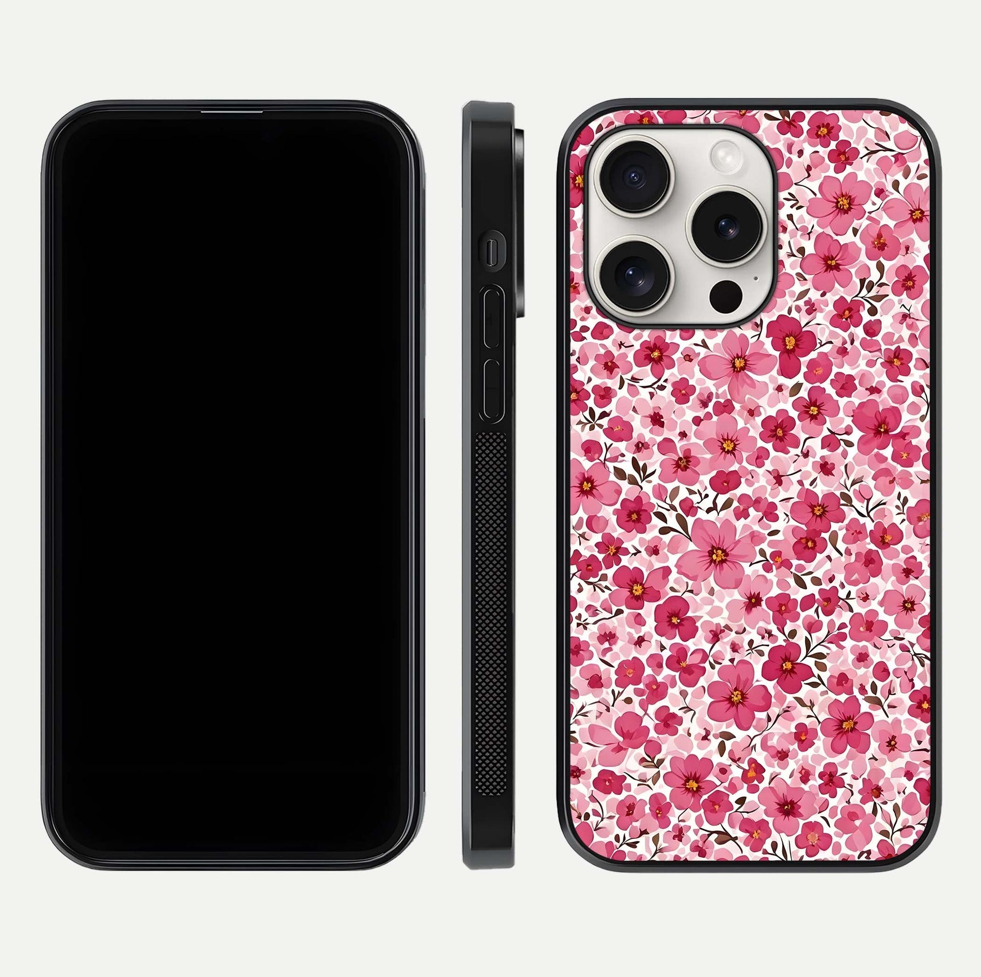 Cherry Blossom Charm Glass Case for iPhone 15 Pro Max dual-view layout showing elegant floral balance and HD gloss