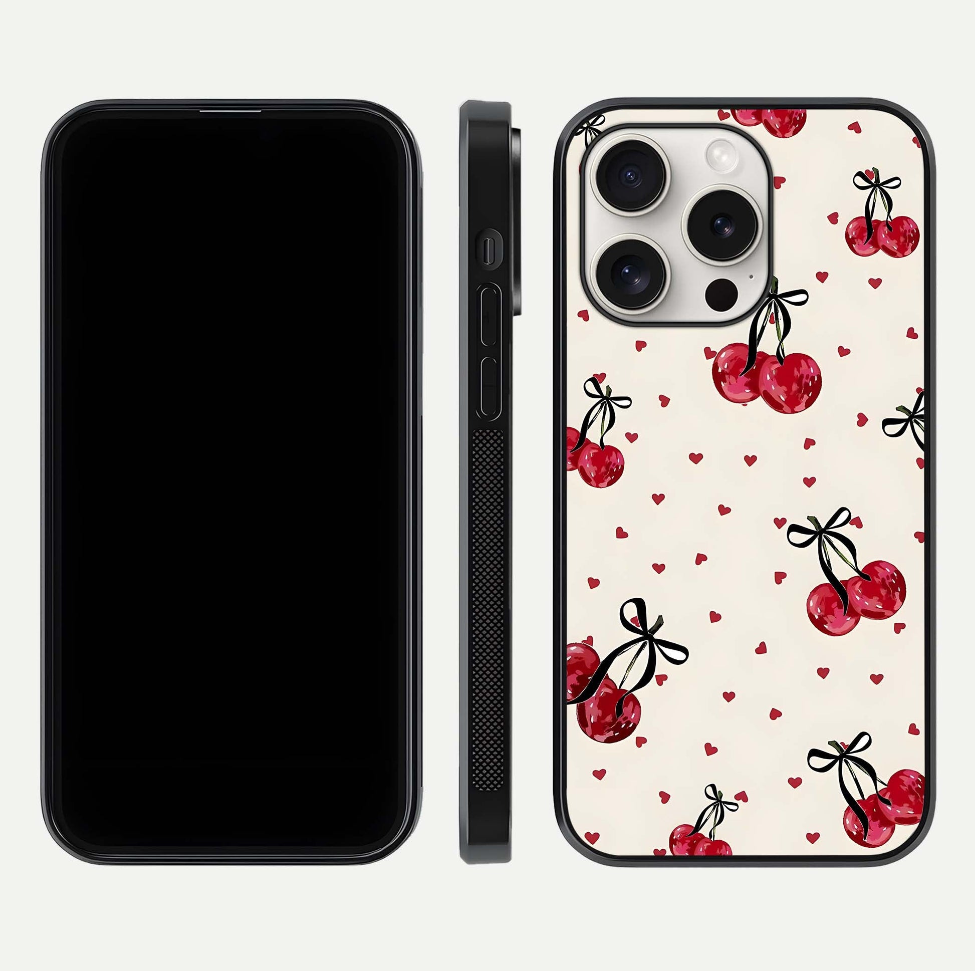 Cherry Heart Bow Glass Case for iPhone 15 Pro Max front-and-back view showing design clarity and edge protection