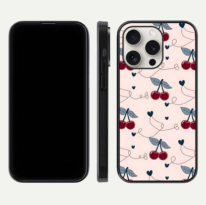 Cherry Heart Line Glass Case for iPhone 15 Pro Max dual-view layout displaying minimal cherry motif and edge design