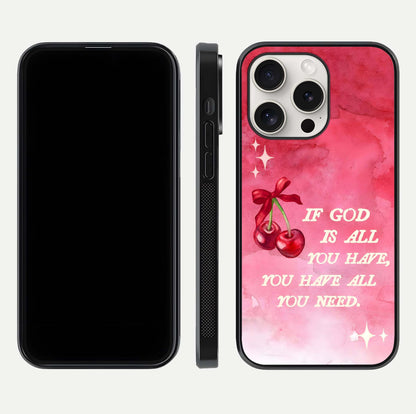 Cherry Quote Glass Case for iPhone 15 Pro Max dual-view layout showing red cherry tones and text balance