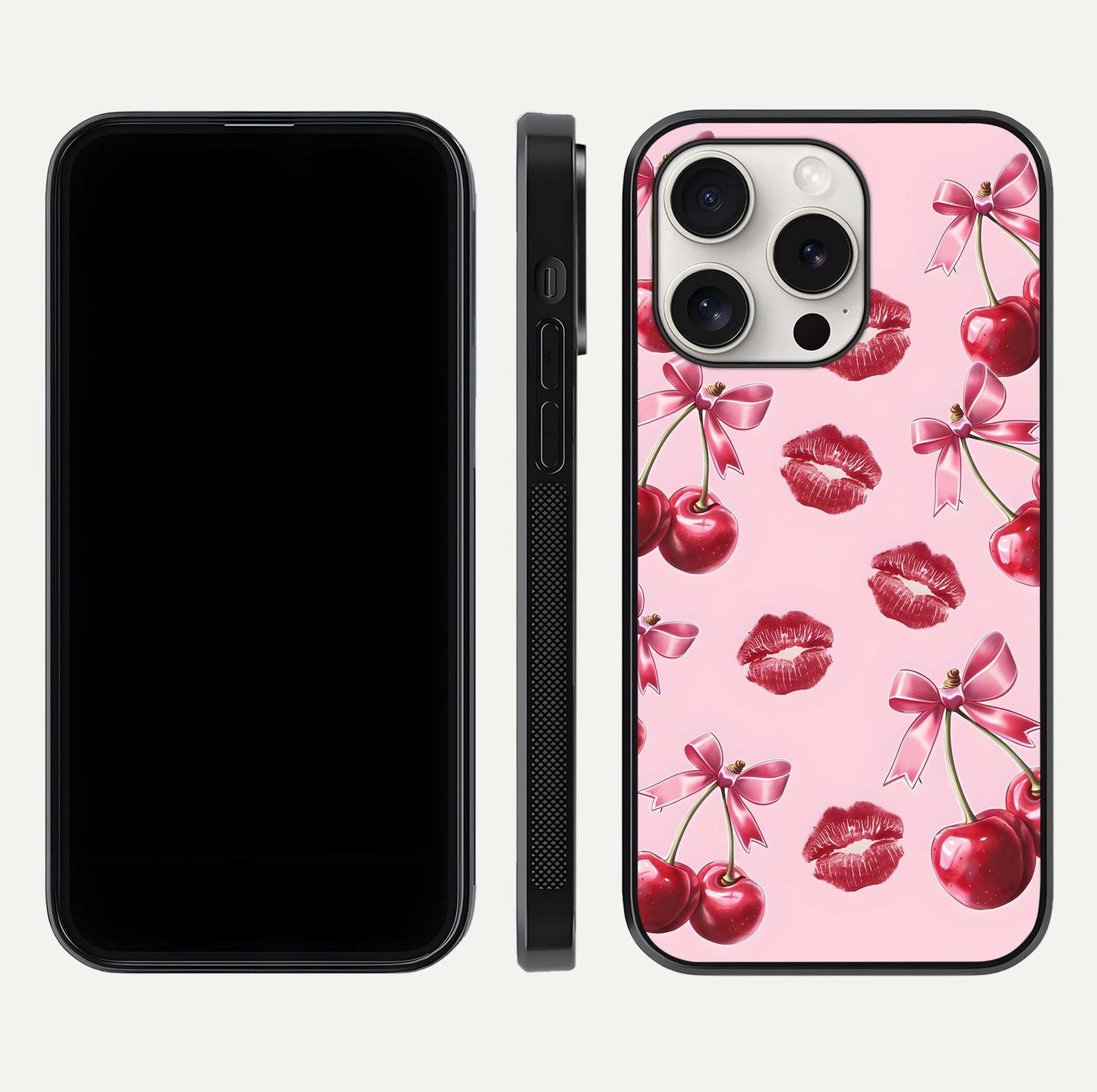 Cherry With Lips Glass Case for iPhone 15 Pro Max front-and-back layout displaying detailed design and glass finish