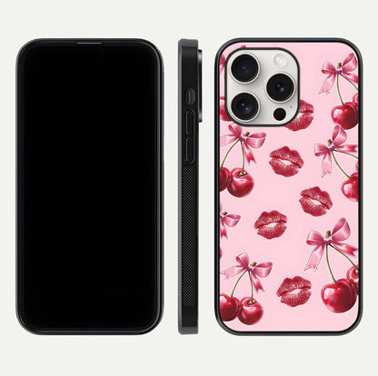 Cherry With Lips Glass Case for iPhone 15 Pro Max front-and-back layout displaying detailed design and glass finish