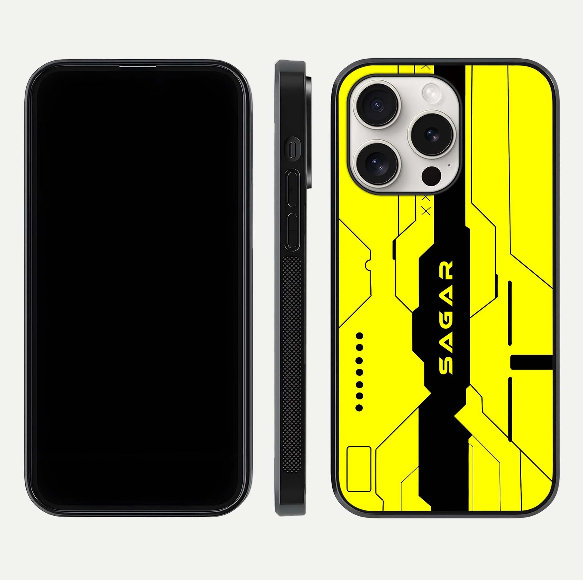Circuit CYBERPUNK Custom Name Glass Case for iPhone 15 Pro Max dual-view layout showing bold tech art and edge clarity