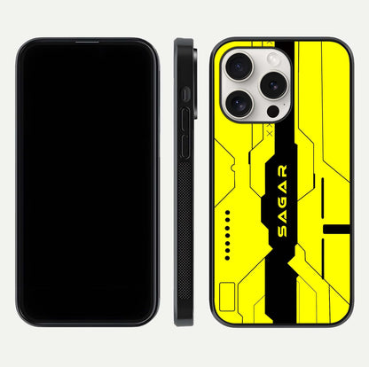 Circuit CYBERPUNK Custom Name Glass Case for iPhone 15 Pro Max dual-view layout showing bold tech art and edge clarity