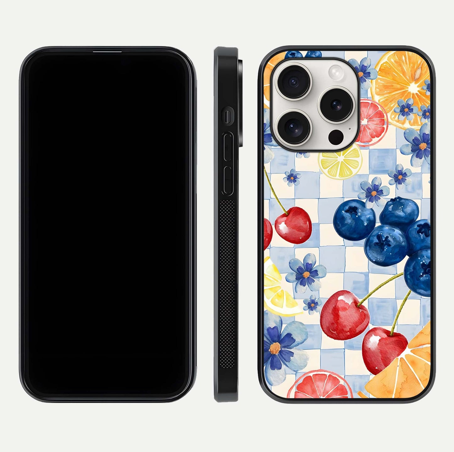 Citrus Bloom Joy Glass Case for iPhone 15 Pro Max dual-view layout displaying colorful print and smooth edges