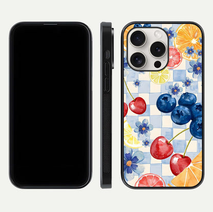 Citrus Bloom Joy Glass Case for iPhone 15 Pro Max dual-view layout displaying colorful print and smooth edges
