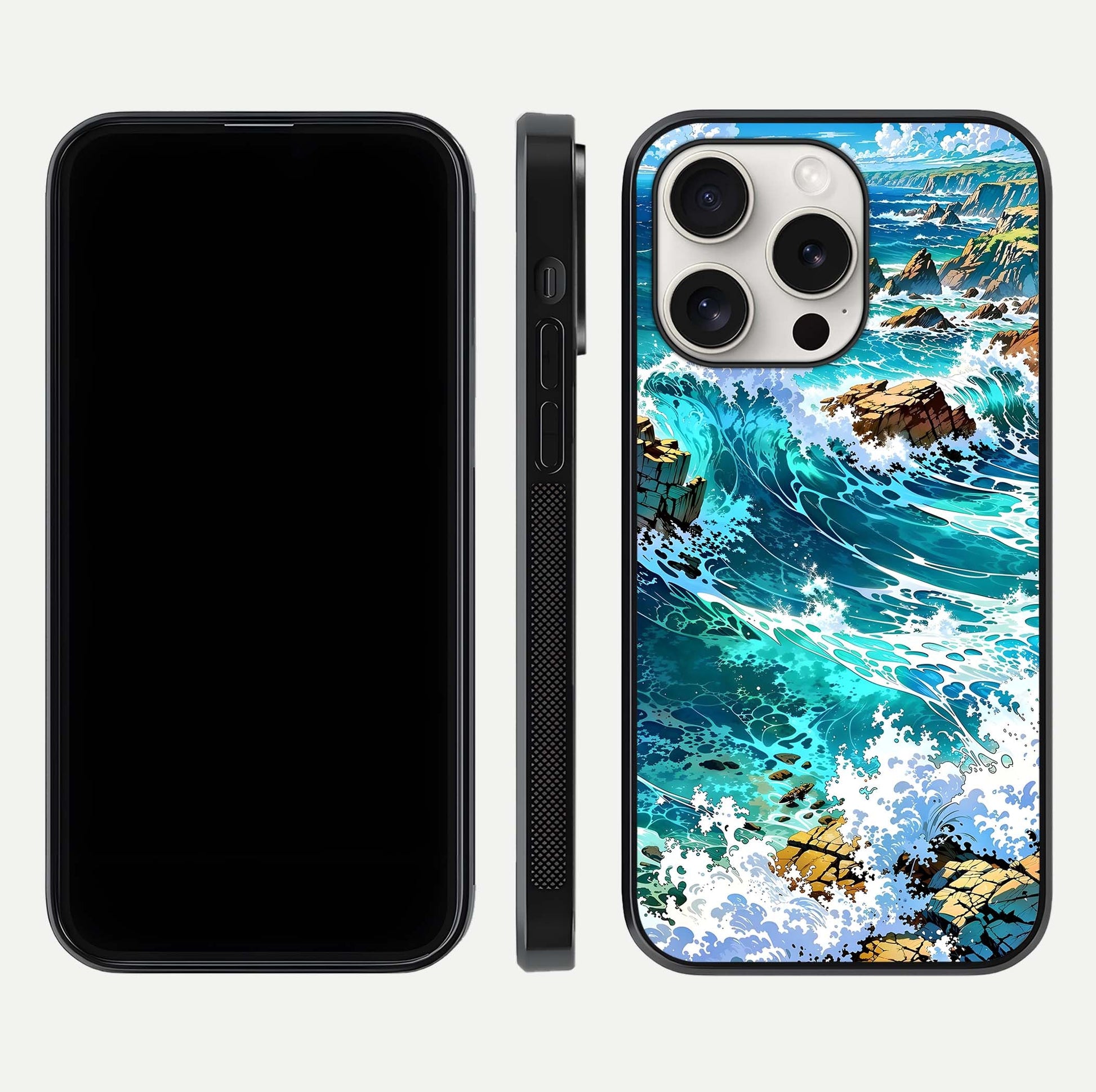 Coastal Blue Waves Glass Case for iPhone 15 Pro Max dual-view layout displaying sea tones and curved finish